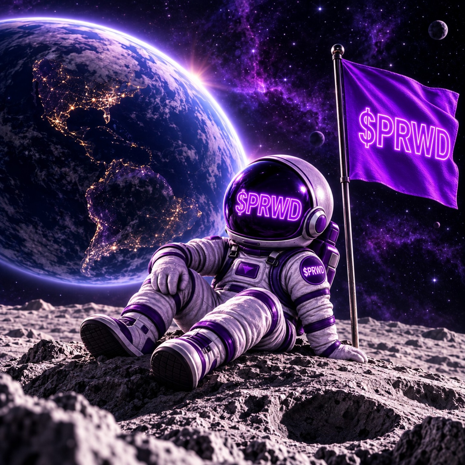 Purple Rewards astronaut mascot on the moon